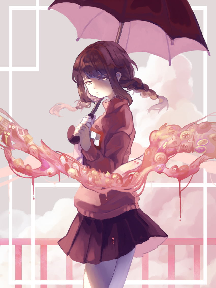 1girl braid brown_hair closed_mouth gtcockroach highres long_hair looking_at_viewer madotsuki monoe monoko pink_shirt poniko sekomumasada_sensei shirt skirt solo sweater twin_braids uboa yume_nikki