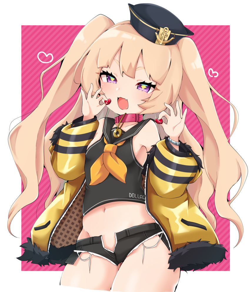 +_+ 1girl :d azur_lane bache_(azur_lane) bare_shoulders black_headwear black_sailor_collar black_shirt black_shorts blush breasts collar commentary_request crop_top cropped_legs diagonal-striped_background diagonal_stripes fang fur-trimmed_jacket fur_trim groin hana_(tmtmrgrgtrg) hat heart highres holding holding_heart jacket light_brown_hair long_hair long_sleeves looking_at_viewer micro_shorts midriff navel neckerchief open_clothes open_fly open_jacket open_mouth open_shorts orange_neckwear puffy_long_sleeves puffy_sleeves red_collar sailor_collar shirt shorts sleeveless sleeveless_shirt small_breasts smile solo striped striped_background two_side_up very_long_hair violet_eyes yellow_jacket