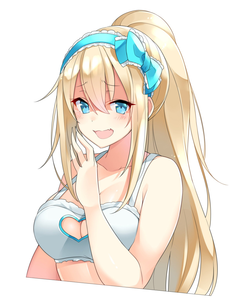 1girl :d blue_bow blue_eyes blue_hairband bow bra copyright_request covering_mouth cropped_arms cropped_torso dot_nose eyebrows_visible_through_hair fang frilled_hairband frills hair_between_eyes hair_bow hairband hand_over_own_mouth heart_cutout highres long_hair looking_at_viewer matsunoki_(unknown_751) open_mouth ponytail shaded_face skin_fang smile smirk solo underwear upper_body very_long_hair white_bra