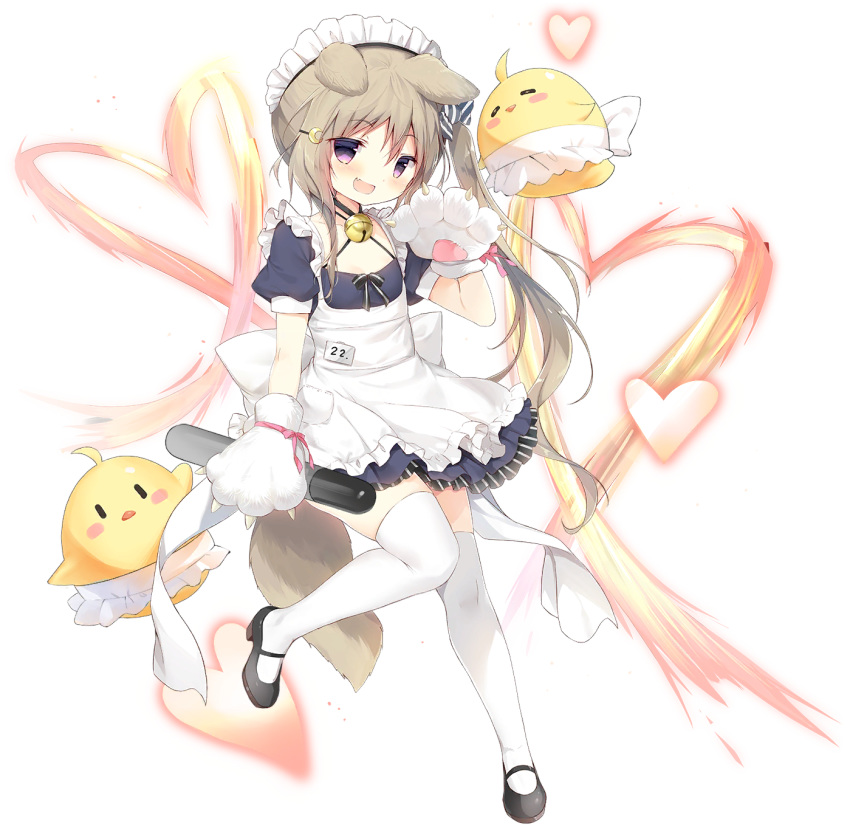 1girl animal_ears apron azur_lane bell bird black_footwear blue_dress blush bow brown_hair chick closed_eyes crescent crescent_hair_ornament dog_ears dog_girl dog_tail dress fang full_body gloves hair_bow hair_ornament heart highres jingle_bell long_hair maid maid_headdress manjuu_(azur_lane) mary_janes nagatsuki_(azur_lane) nagatsuki_(dangerous_kitty_maid?)_(azur_lane) official_art one_eye_closed open_mouth paw_gloves paws ribbon shiratama_(shiratamaco) shoes short_dress side_ponytail smile standing standing_on_one_leg tail thigh-highs transparent_background violet_eyes white_apron white_gloves white_legwear