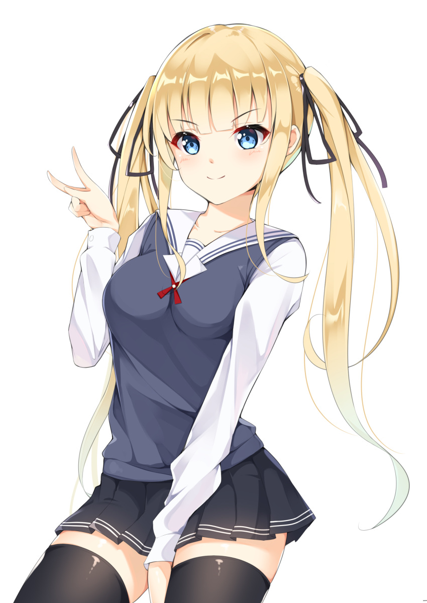 1girl absurdres bangs black_legwear blonde_hair blue_eyes blush breasts commentary_request eyebrows_visible_through_hair hair_ribbon highres long_hair looking_at_viewer medium_breasts ribbon saenai_heroine_no_sodatekata sawamura_spencer_eriri school_uniform simple_background skirt smile solo thigh-highs tming twintails uniform white_background