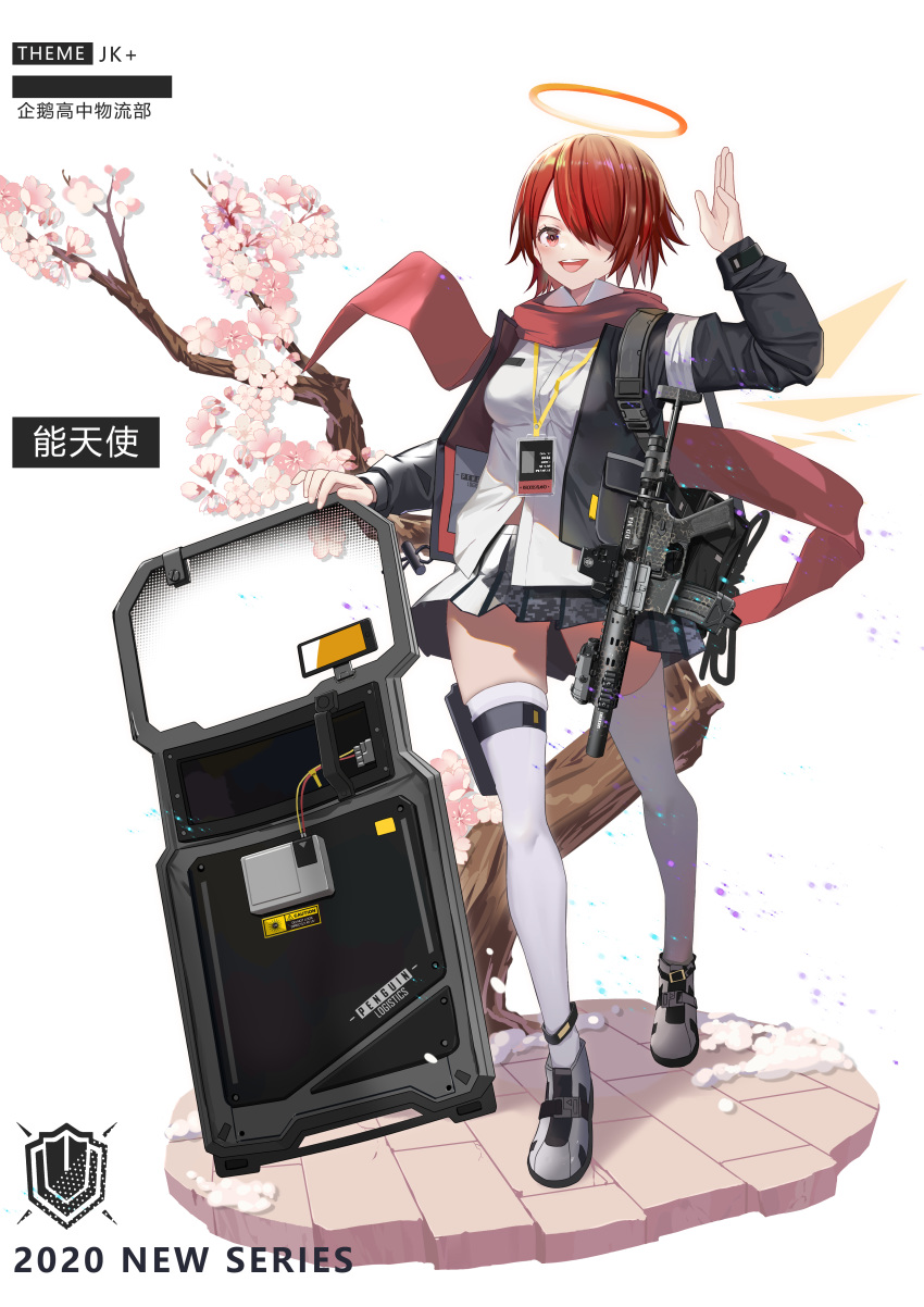 1girl 2020 :d absurdres alternate_costume arknights bandages bangs black_jacket black_skirt blush breasts character_name cherry_blossoms exusiai_(arknights) full_body grey_footwear gun hair_over_one_eye halo hamachi_hazuki hand_up highres holster jacket long_sleeves looking_at_viewer medium_breasts miniskirt open_mouth partially_translated planted pleated_skirt red_eyes red_scarf redhead riot_shield scarf shadow shield shirt shoes short_hair simple_background skirt smile solo standing thigh-highs thigh_holster thighs translation_request weapon white_background white_legwear white_shirt zettai_ryouiki