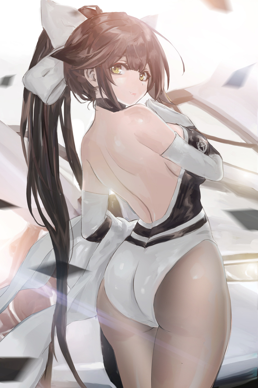 1girl ass azur_lane backless_outfit black_hair bow brown_eyes brown_legwear commentary_request cowboy_shot from_behind hair_flaps highres long_hair looking_at_viewer nasu_(luliice) pantyhose ponytail racequeen solo takao_(azur_lane) two-tone_leotard white_bow