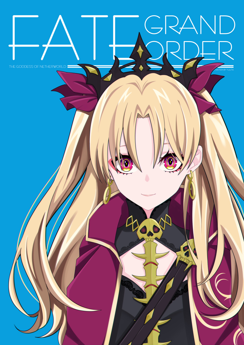 1girl absurdres artist_name background_text bangs black_dress blonde_hair blue_background cape closed_mouth commentary_request copyright_name dress earrings english_text ereshkigal_(fate/grand_order) eyebrows_behind_hair fate/grand_order fate_(series) glowing glowing_eyes hair_between_eyes hair_ribbon highres infinity jewelry long_hair parted_bangs pink_eyes red_cape red_ribbon ribbon simple_background skull smile solo spine tiara two_side_up upper_body very_long_hair yuuta_(yuuta0312)