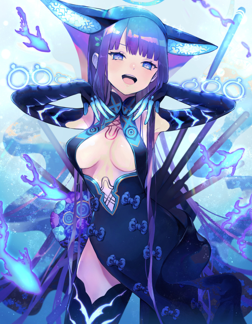 1girl bangs bare_shoulders blue_dress blue_eyes blue_fire blue_gloves blue_headwear blue_legwear blunt_bangs blush breasts center_opening dress elbow_gloves fate/grand_order fate_(series) fire fish floral_print gloves hair_ornament halo hands_up highres large_breasts leaf_hair_ornament long_hair looking_at_viewer natsuiro_xx open_mouth purple_hair sash smile solo thigh-highs thighs very_long_hair yang_guifei_(fate/grand_order)