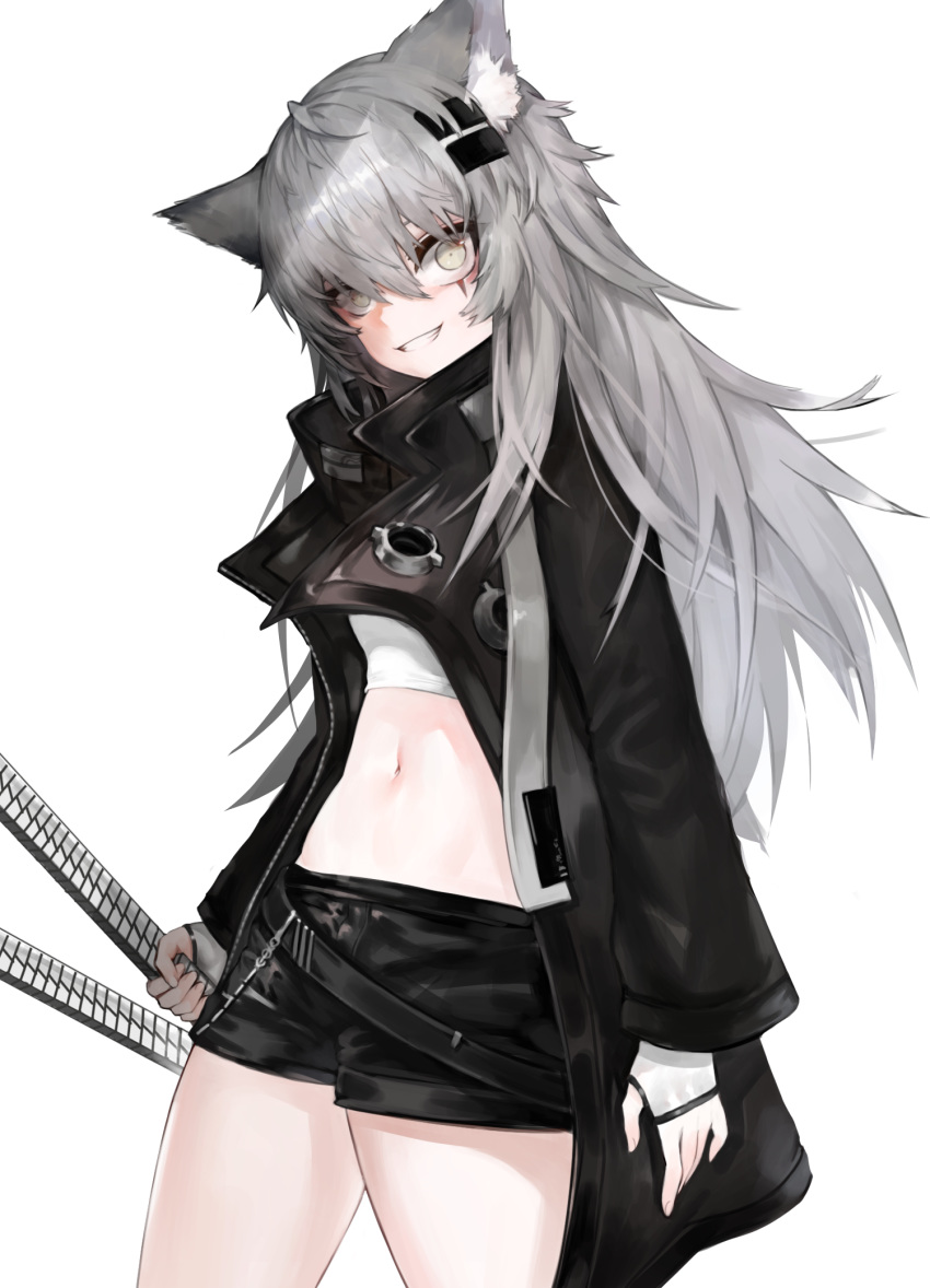 1girl animal_ear_fluff animal_ears arknights bangs black_jacket black_shorts breasts commentary_request constricted_pupils crazy_smile crop_top dokomon evil_grin evil_smile eyebrows_behind_hair fingerless_gloves gloves grey_hair grin hair_between_eyes hair_ornament hairclip highres holding holding_sword holding_weapon jacket katana korean_commentary lappland_(arknights) long_hair looking_at_viewer midriff open_clothes open_jacket scar scar_across_eye shirt short_shorts shorts simple_background small_breasts smile solo sword very_long_hair weapon white_background white_gloves white_shirt