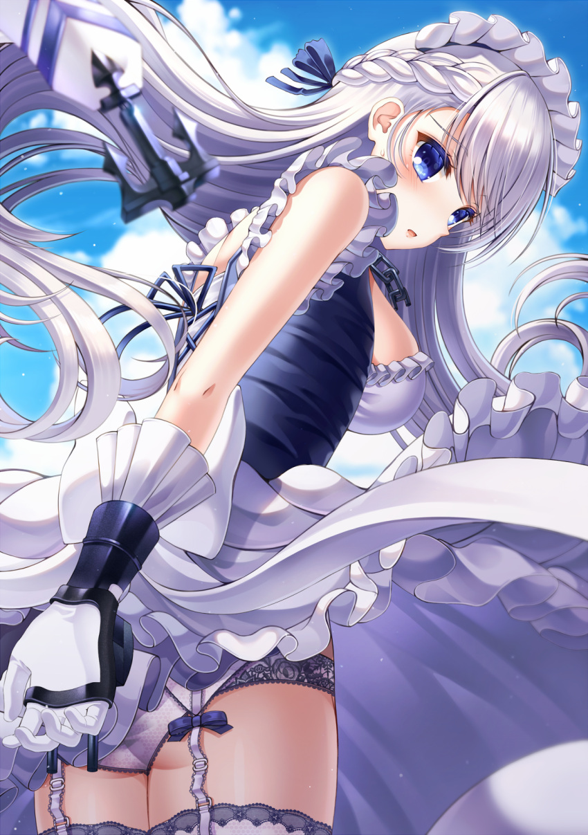 1girl azur_lane bangs belfast_(azur_lane) black_ribbon blue_eyes blue_ribbon blue_sky breasts chain clouds cowboy_shot ecu8080 floating_hair from_below garter_belt gloves hair_ribbon highres long_hair maid_headdress medium_breasts open_mouth panties ribbon sideboob silver_hair skirt skirt_lift sky solo standing swept_bangs thigh-highs underwear very_long_hair white_gloves white_legwear white_panties white_skirt