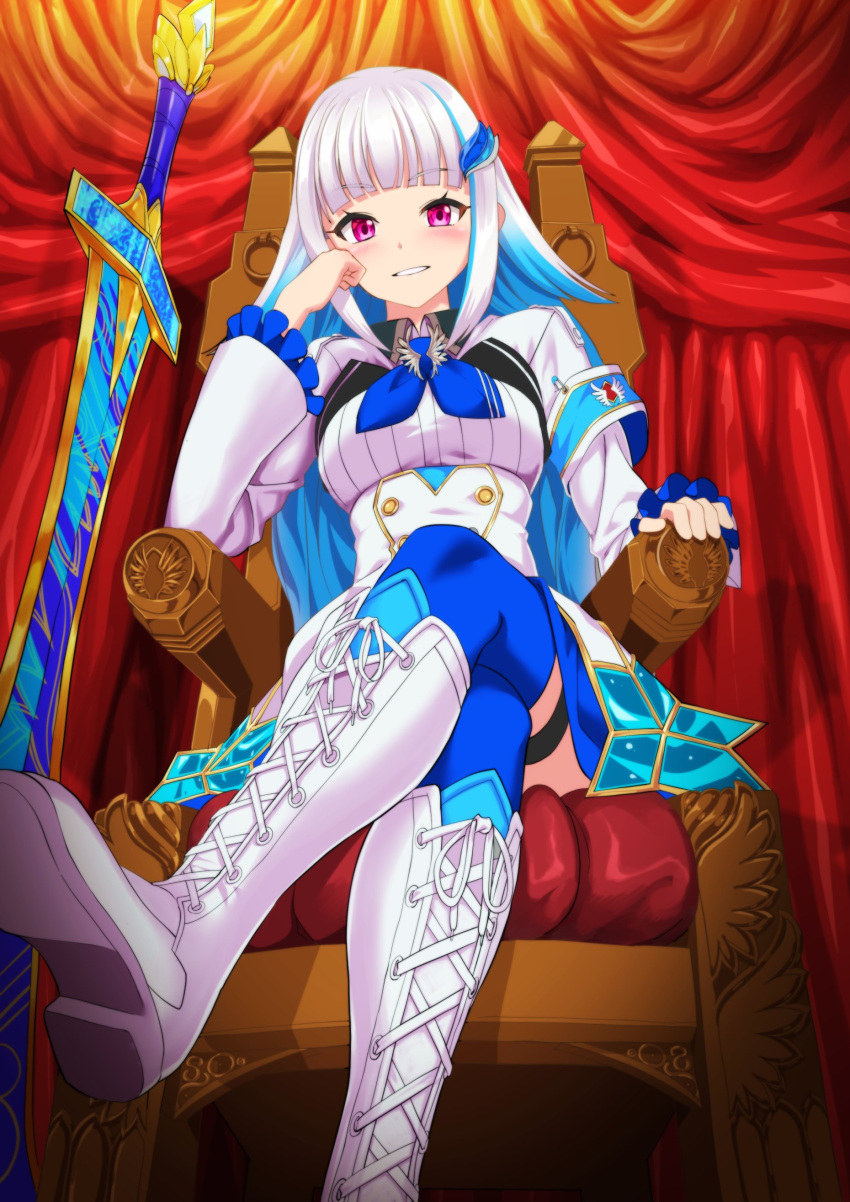 1girl absurdres boots commentary_request crossed_legs hair_ornament highres lize_helesta long_hair looking_at_viewer multicolored_hair nijisanji pink_eyes silver_hair sitting solo sword thigh-highs throne two-tone_hair virtual_youtuber weapon