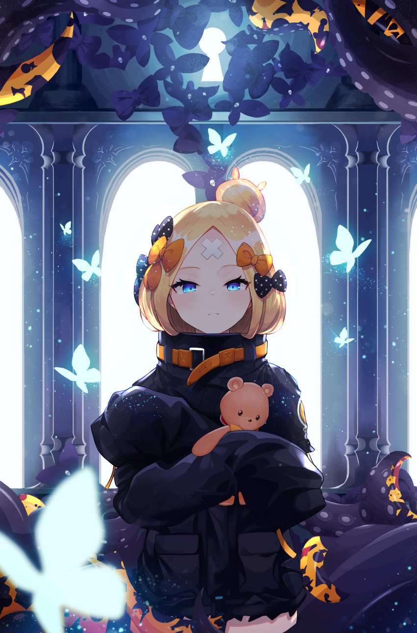 1girl abigail_williams_(fate/grand_order) absurdres backlighting bandaid_on_forehead bangs black_bow black_jacket blonde_hair blue_eyes blush bow breasts bug butterfly closed_mouth crossed_bandaids fate/grand_order fate_(series) forehead hair_bow hair_bun heroic_spirit_traveling_outfit high_collar highres holding holding_stuffed_animal insect jacket keyhole long_hair long_sleeves looking_at_viewer multiple_bows object_hug oni22 orange_belt orange_bow parted_bangs polka_dot polka_dot_bow sleeves_past_fingers sleeves_past_wrists smile solo stuffed_animal stuffed_toy teddy_bear tentacles