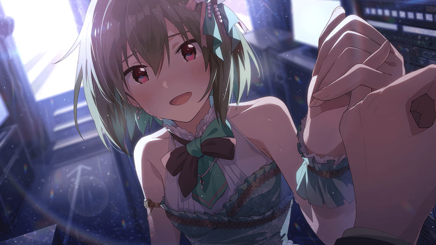 blush dress green_hair idolmaster_million_live!_theater_days nagayoshi_subaru red_eyes short_hair