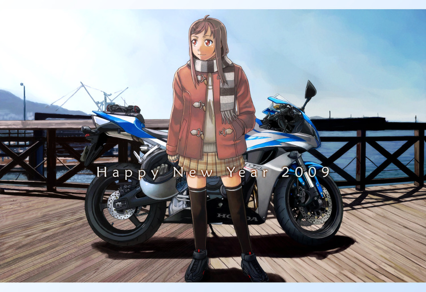 1girl 2009 ahoge black_footwear black_legwear blue_sky brown_hair closed_mouth coat contrapposto day enpera fisheye grey_scarf grey_skirt grey_sweater ground_vehicle hand_in_pocket happy_new_year itou_(onsoku_tassha) long_hair looking_away motor_vehicle motorcycle new_year open_clothes open_coat original pleated_skirt red_coat red_eyes scarf shoes skirt sky sleeves_past_wrists smile solo standing striped striped_scarf sweater thigh-highs