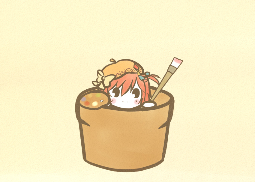 1girl beige_background beret blush bow cacalia_(flower_knight_girl) chibi commentary flower_knight_girl flower_pot hat holding holding_paintbrush in_container koti looking_at_viewer orange_headwear paintbrush palette redhead short_hair smile solid_oval_eyes solo yellow_bow