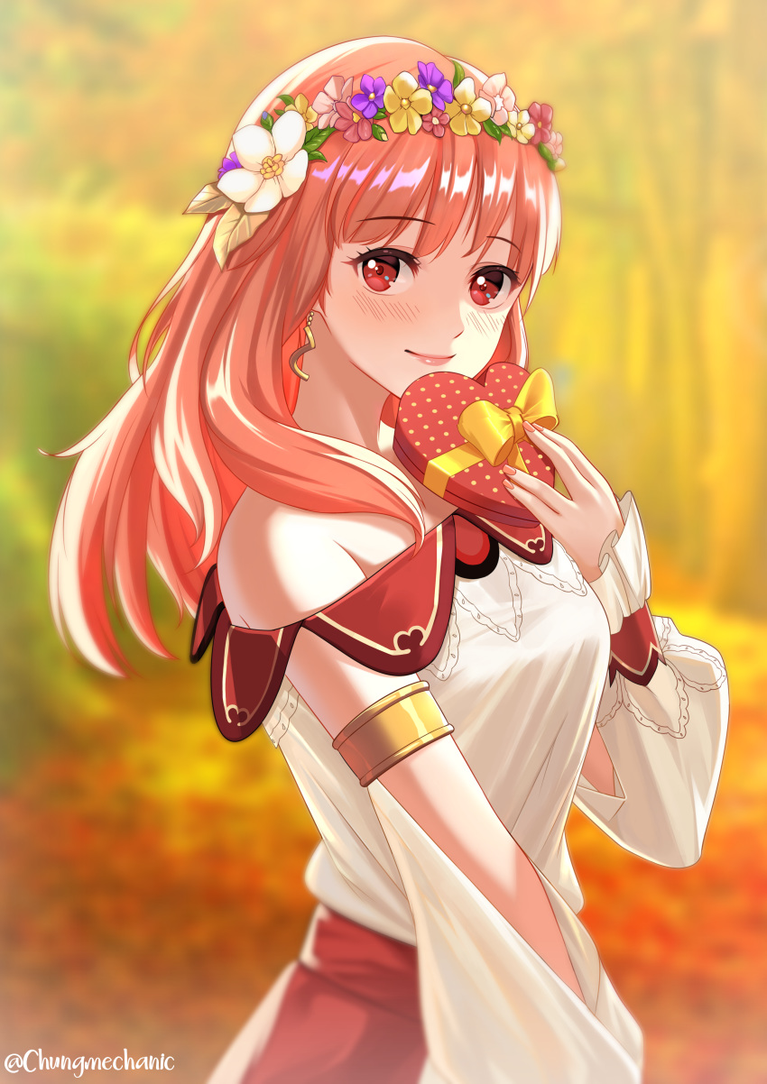 1girl absurdres armlet blurry blurry_background blush box breasts celica_(fire_emblem) chungmechanic cowboy_shot day depth_of_field dress earrings eyebrows_visible_through_hair fire_emblem fire_emblem_echoes:_shadows_of_valentia flower_wreath head_wreath heart-shaped_box highres jewelry lips long_hair long_sleeves looking_at_viewer medium_breasts off-shoulder_dress off_shoulder orange_hair outdoors red_eyes smile solo twitter_username valentine white_dress