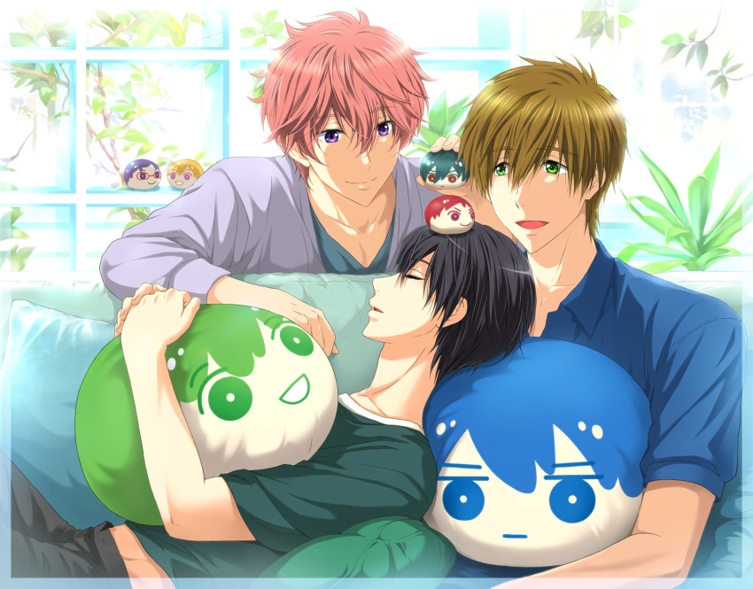 3boys :d black_hair character_doll couch free! green_eyes hazuki_nagisa highres lying male_focus multiple_boys nanase_haruka_(free!) on_back on_couch open_mouth pillow pink_hair ryuugazaki_rei shigino_kisumi sitting sleeping smile tachibana_makoto violet_eyes