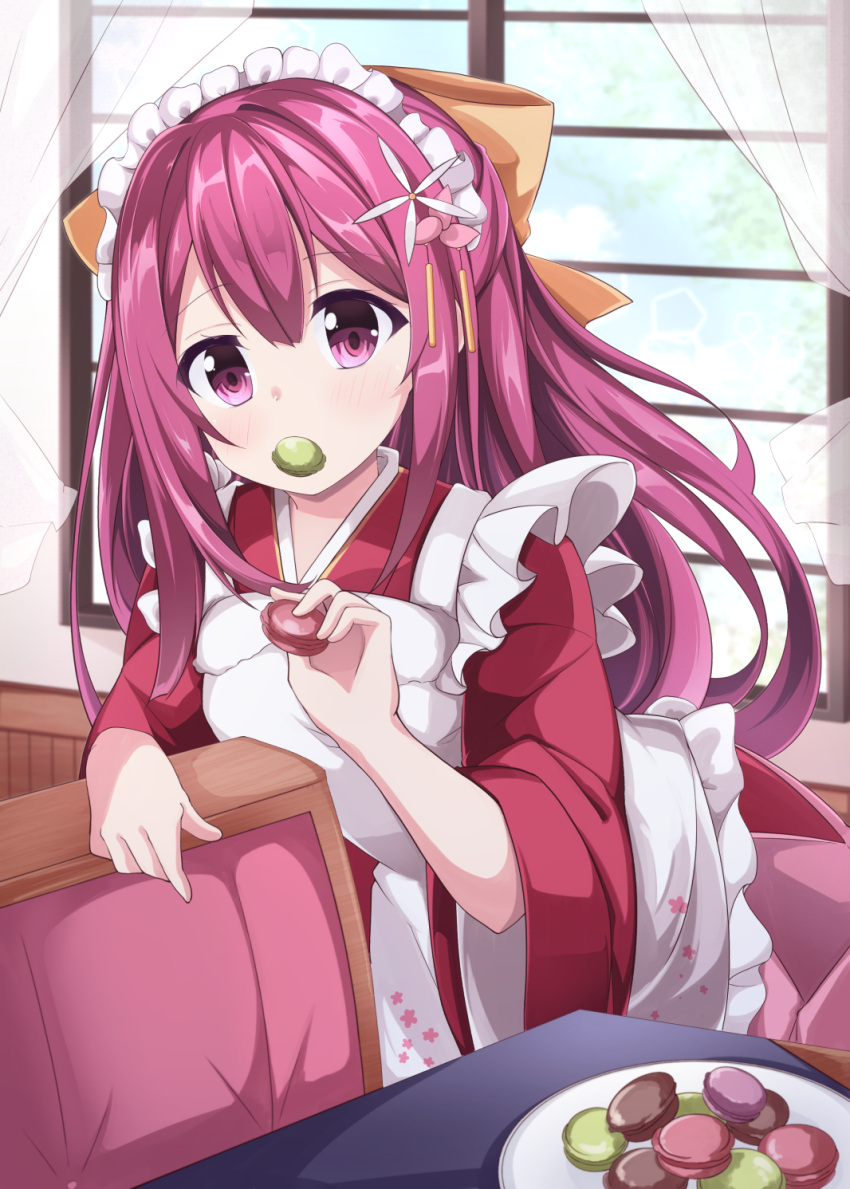 1girl acchii_(akina) alternate_costume apron blush commentary_request curtains enmaided food hair_between_eyes hair_ribbon hakama highres holding holding_food japanese_clothes kamikaze_(kantai_collection) kantai_collection kimono long_hair macaron maid maid_headdress meiji_schoolgirl_uniform mouth_hold pink_hakama plate purple_hair red_kimono ribbon solo violet_eyes wa_maid white_apron window yellow_ribbon