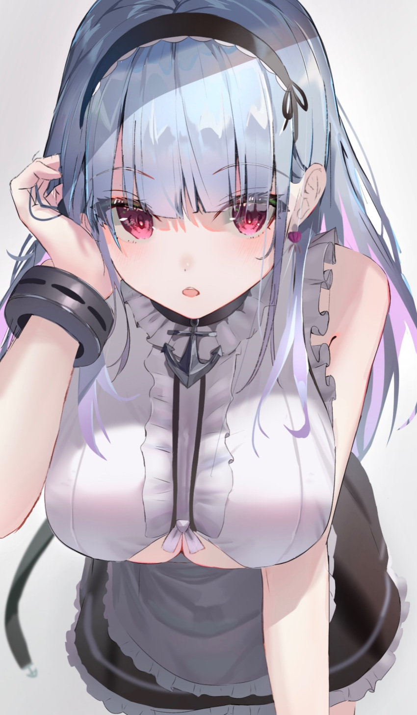 1girl adjusting_hair anchor_choker anchor_necklace apron azur_lane bare_shoulders black_hairband breasts center_frills choker commentary_request dido_(azur_lane) earrings eyebrows_visible_through_hair frilled_apron frilled_choker frills hairband heart heart_earrings highres jewelry kinoruru_toiro lace-trimmed_hairband large_breasts leaning_forward looking_at_viewer maid_apron open_mouth pink_eyes shirt silver_hair sleeveless sleeveless_shirt under_boob underboob_cutout waist_apron white_apron wrist_cuffs