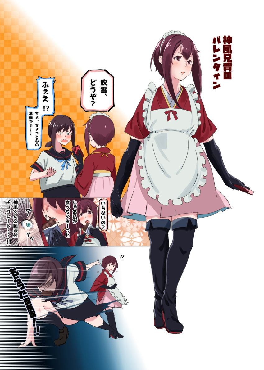 2girls adapted_costume alternate_hair_length alternate_hairstyle apron blue_eyes boots brown_eyes brown_hair chocolate commentary_request elbow_gloves fubuki_(kantai_collection) gloves highres japanese_clothes kamikaze_(kantai_collection) kantai_collection kimono maid_headdress multiple_girls purple_hair ribbon running school_uniform shoes short_hair short_hair_with_long_locks short_ponytail socks thigh-highs thigh_boots translation_request valentine vi3r6ein