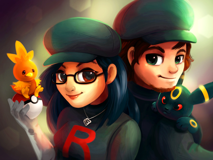 1boy 1girl :3 beard bird black_hair black_headwear breasts brown_eyes brown_hair commentary commission creature english_commentary eric_proctor face facial_hair gen_2_pokemon gen_3_pokemon glasses green_eyes hat holding holding_poke_ball lips looking_at_viewer medium_hair original poke_ball poke_ball_(generic) pokemon pokemon_(creature) pokemon_on_shoulder red_eyes small_breasts smile team_rocket team_rocket_grunt team_rocket_uniform torchic umbreon uniform