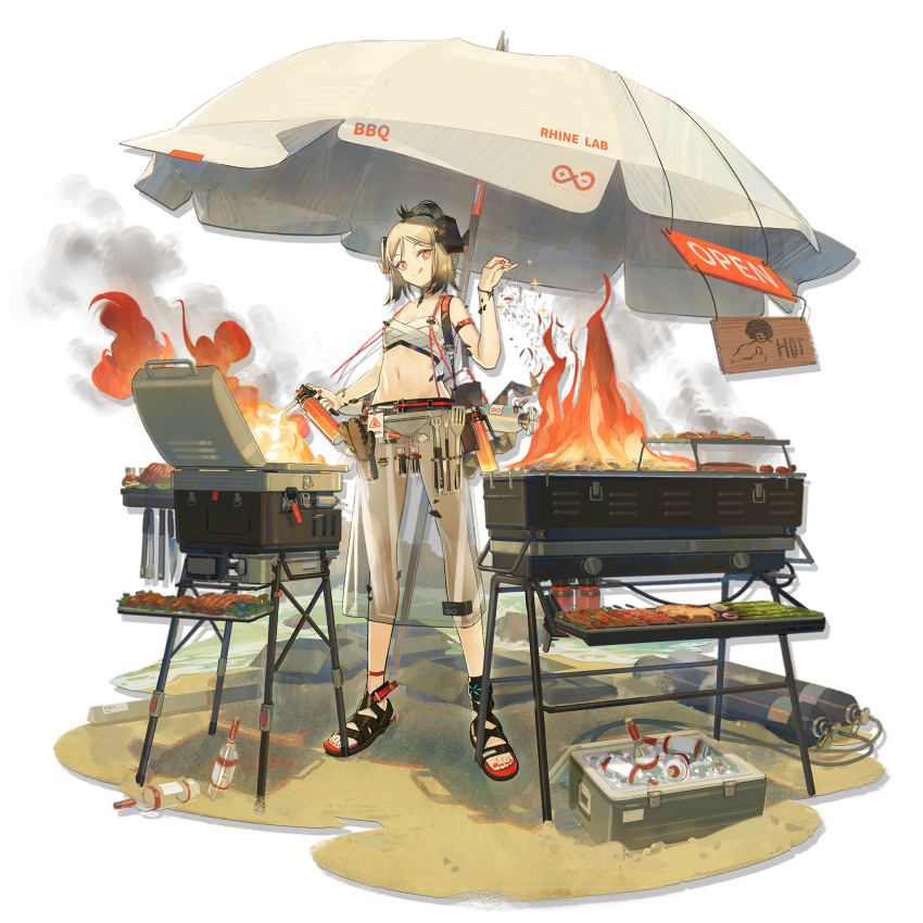 +_+ 1girl :q arknights beach_umbrella bikini black_footwear blonde_hair fire flame full_body grill hand_up highres holding horns ifrit_(arknights) looking_at_viewer nail_polish navel norizc official_art orange_eyes oven_mitts red_nails sandals see-through short_hair skirt smile solo spatula standing stomach swimsuit tongue tongue_out transparent_background umbrella white_bikini