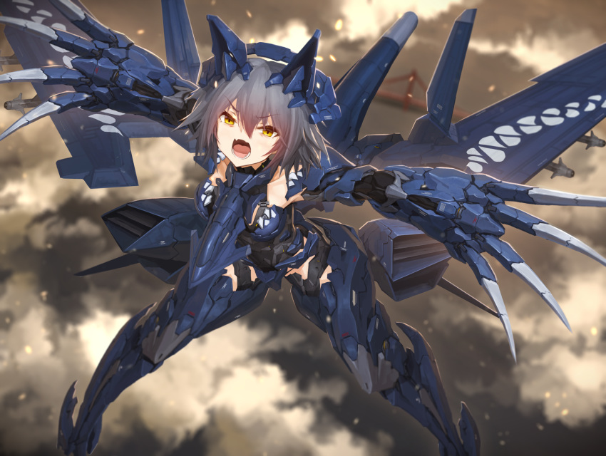 1girl ace_combat aircraft airplane armor bangs blurry blurry_background bodysuit breasts claw_(weapon) clouds commentary_request eyebrows_visible_through_hair flying gaf-1 golden_gate_bridge grey_hair hair_between_eyes headgear highres machinery mecha_musume mechanical_wings missile open_mouth personification short_hair solo tom-neko_(zamudo_akiyuki) tongue weapon wings yellow_eyes