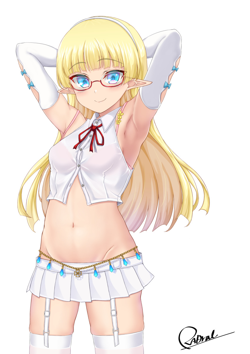 1girl armpits arms_behind_head arms_up bare_shoulders blonde_hair blue_eyes bra bra_strap bra_through_clothes breasts collared_shirt commentary_request cowboy_shot crop_top dress_shirt elbow_gloves elf elf_no_radral garter_straps giisu glasses gloves groin hairband highres long_hair looking_at_viewer medium_breasts midriff miniskirt navel neck_ribbon original partially_unbuttoned pink_bra pleated_skirt pointy_ears red-framed_eyewear ribbon see-through semi-rimless_eyewear shirt signature skindentation skirt sleeveless sleeveless_shirt smile solo standing stomach thigh-highs under-rim_eyewear underwear white_gloves white_legwear white_shirt white_skirt zettai_ryouiki