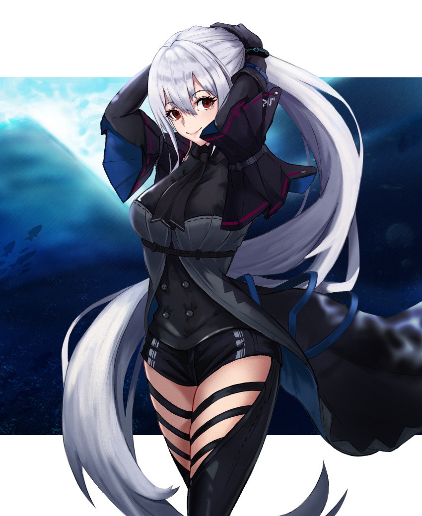1girl absurdres arknights arms_up bangs black_coat black_gloves black_pants breasts chinese_commentary coat commentary_request cowboy_shot elbow_gloves eyebrows_visible_through_hair gloves hair_between_eyes highres kuguiema long_hair looking_at_viewer medium_breasts no_hat no_headwear pants ponytail red_eyes silver_hair skadi_(arknights) smile solo standing thighs very_long_hair