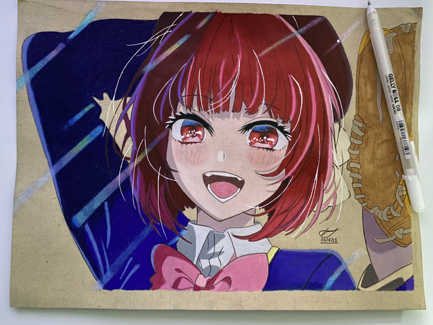 1girl :d arima_kana arm_behind_head baseball_mitt beret blue_jacket blush bob_cut bow bowtie brown_headwear collared_shirt colored_pencil_(medium) commentary cropped_torso czyrus_27 dated hat highres inverted_bob jacket long_sleeves looking_at_viewer open_mouth oshi_no_ko pink_bow pink_bowtie red_eyes redhead romaji_commentary school_uniform shirt signature smile solo teeth traditional_media white_shirt youtou_high_school_uniform