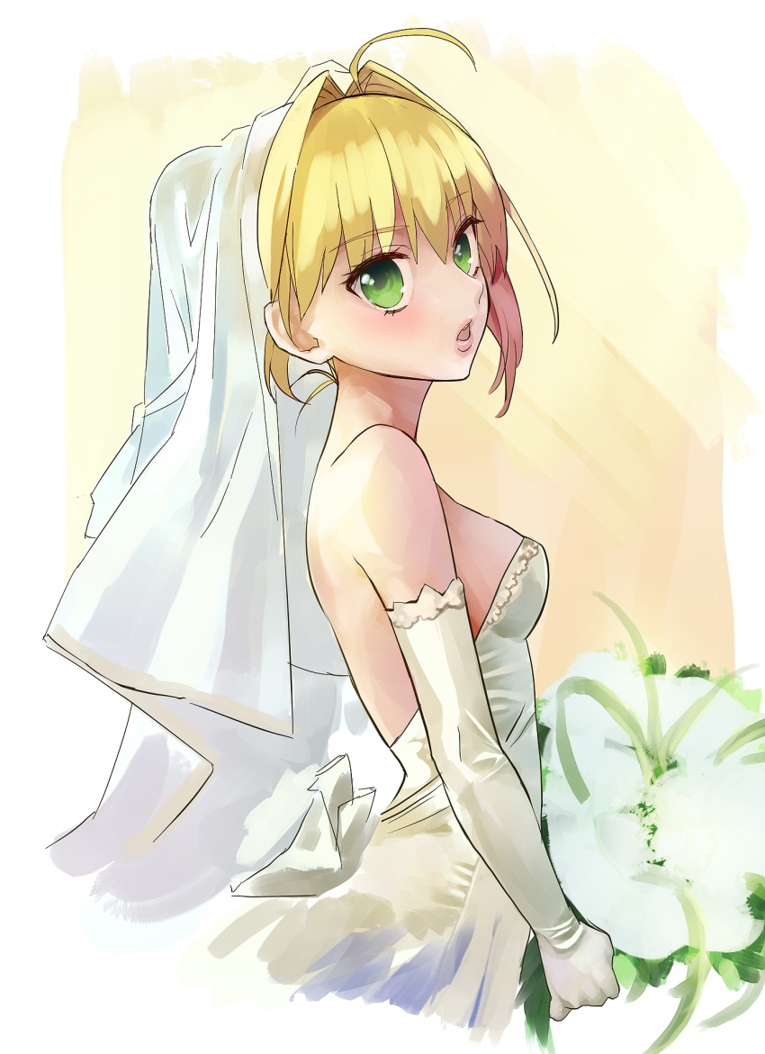 1girl ahoge blonde_hair breasts commentary_request dress fate/grand_order fate_(series) flower green_eyes hair_intakes highres looking_at_viewer medium_breasts nero_claudius_(fate) nero_claudius_(fate)_(all) open_mouth short_hair solo torimahera wedding_dress