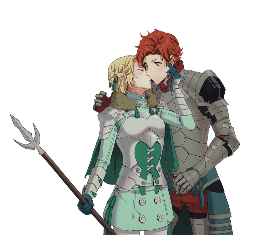 1boy 1girl armor bangs blonde_hair blue_gloves blush braid breastplate capelet closed_eyes couple cowboy_shot dress fire_emblem fire_emblem:_three_houses gauntlets gloves green_dress hair_ribbon hand_on_another's_face hetero highres imminent_kiss ingrid_brandl_galatea orange_eyes parted_bangs polearm redhead ribbon short_dress short_hair simple_background sophie_(693432) spear standing sylvain_jose_gautier weapon white_background