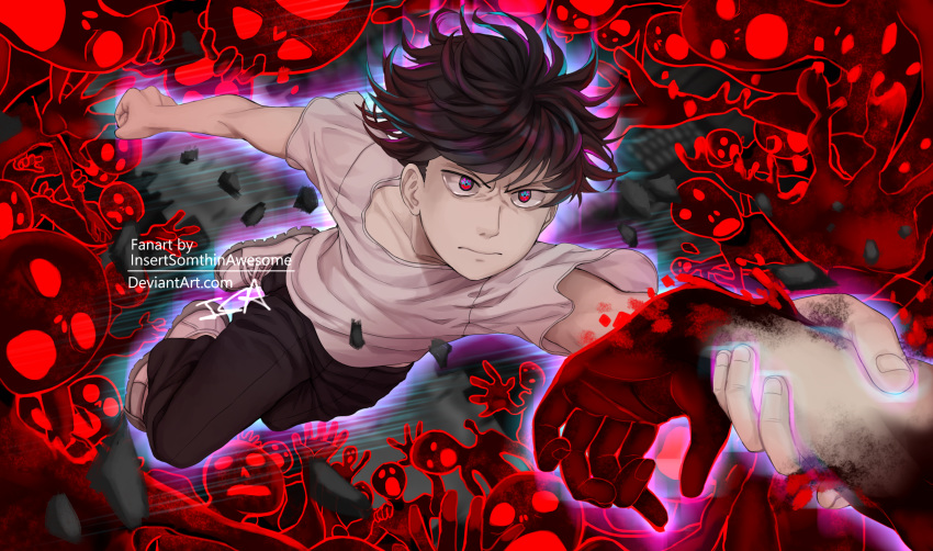artist_name black_hair black_pants blue_eyes clenched_hand closed_mouth collarbone full_body glowing highres holding_hand holding_own_wrist insertsomthinawesome kageyama_shigeo looking_at_viewer mob_psycho_100 multicolored multicolored_eyes pants red_eyes rock serious shirt shoes short_hair short_sleeves signature sneakers spoilers t-shirt watermark web_address white_footwear white_shirt