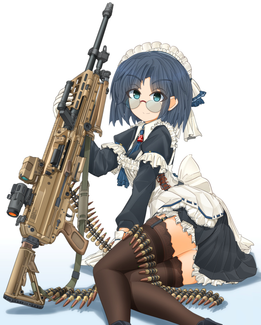 1girl ammunition_belt apron aqua_eyes arm_support ascot bangs black_dress black_legwear blue_hair blue_neckwear closed_mouth collared_dress commentary_request dress eyebrows_visible_through_hair frilled_dress frills garter_straps glasses gloves gradient gradient_background gun highres holding holding_gun holding_weapon long_sleeves looking_at_viewer lying machine_gun maid maid_apron maid_headdress mikeran_(mikelan) on_side original shadow short_dress short_hair sig_sauer sig_sauer_mg_338 smile solo thigh-highs weapon white_apron white_background white_gloves