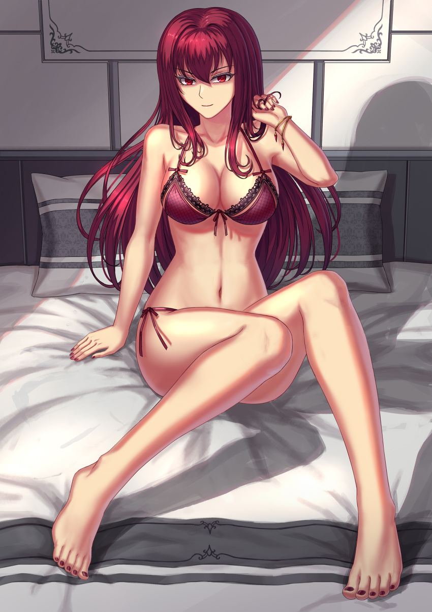 1girl barefoot bra breasts brilliant_naraku fate/grand_order fate_(series) feet highres long_hair looking_at_viewer no_shoes on_bed purple_hair red_eyes scathach_(fate)_(all) scathach_(fate/grand_order) toes underwear