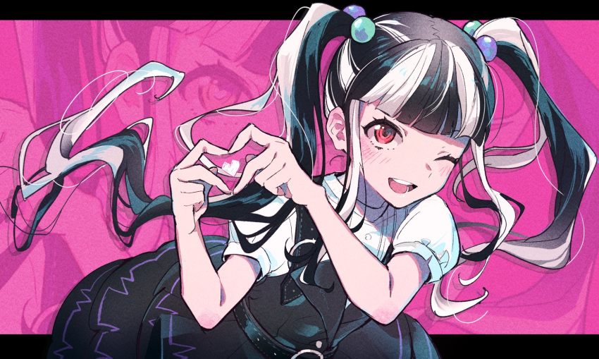 1girl ;d bang_dream! bangs black_dress black_hair blunt_bangs dress hair_bobbles hair_ornament heart heart_hands highres letterboxed long_hair multicolored_hair nyubara_reona one_eye_closed open_mouth pinafore_dress pink_background red_eyes shiontaso shirt short_hair sidelocks smile solo twintails two-tone_hair very_long_hair white_hair white_shirt zoom_layer
