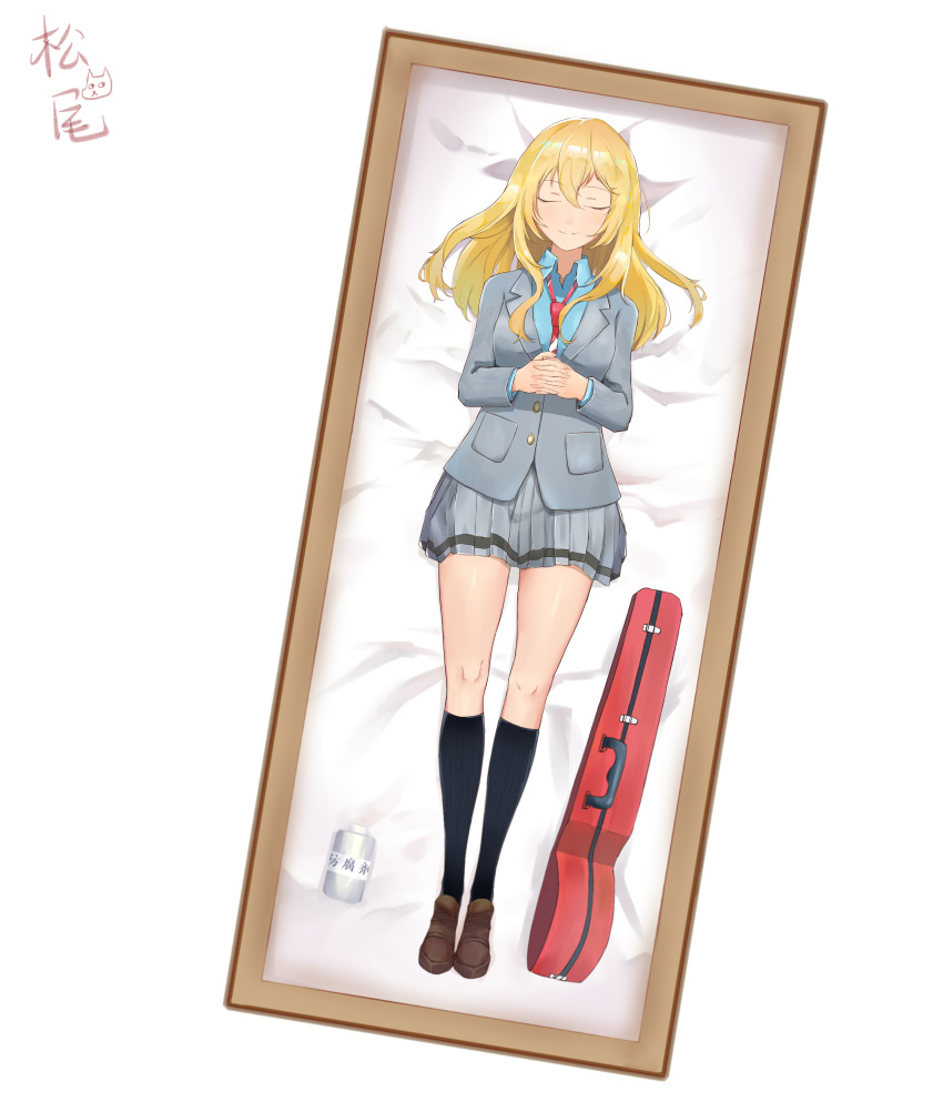 1girl absurdres blazer blonde_hair closed_eyes closed_mouth coffin corpse hands_clasped highres instrument jacket long_hair matsuo_ringo miyazono_kawori necktie own_hands_together school_uniform shigatsu_wa_kimi_no_uso skirt smile solo spoilers violin
