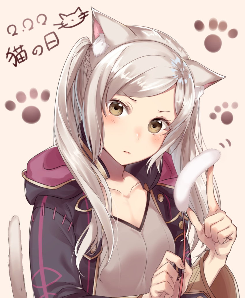 1girl animal_ears brown_eyes cat_day cat_ears cat_tail closed_mouth fire_emblem fire_emblem_awakening haru_(nakajou-28) highres hood hood_down long_sleeves robin_(fire_emblem) robin_(fire_emblem)_(female) simple_background solo tail twintails upper_body white_hair