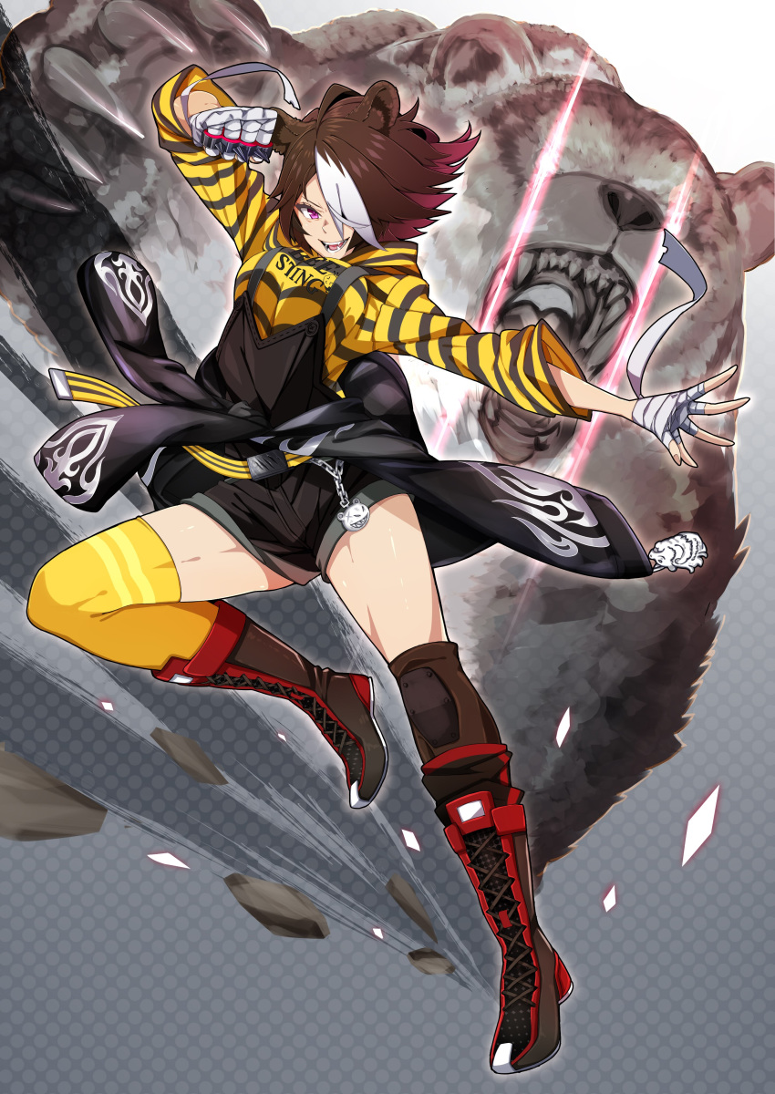 1girl absurdres animal_ears arknights bandaged_hands bandages bear bear_ears beehunter_(arknights) belt belt_buckle black_shorts black_sweater brown_footwear brown_hair buckle c_nov00 chain charm_(object) fangs fingernails highres holding holding_weapon knee_pads multicolored multicolored_hair open_mouth pink_hair shorts smile solo spiked_knuckles sweater teeth thigh-highs tongue violet_eyes weapon white_hair yellow_legwear