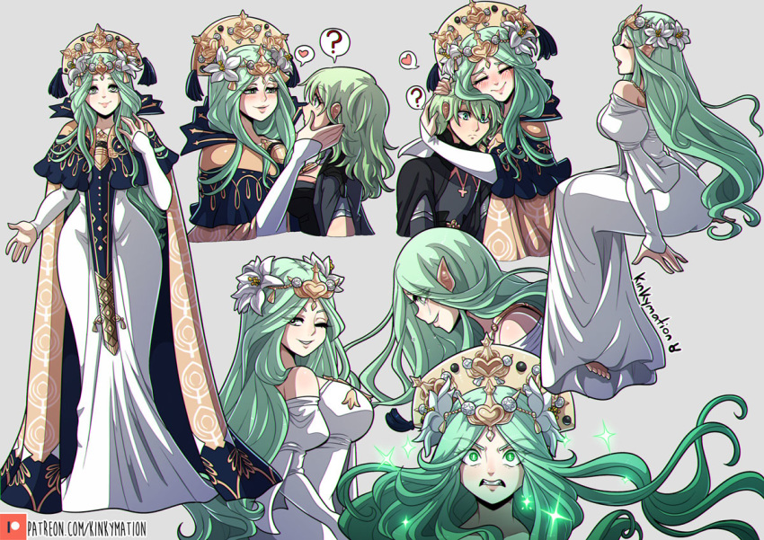 1boy 2girls armor byleth_(fire_emblem) byleth_eisner_(female) byleth_eisner_(male) clenched_teeth closed_eyes closed_mouth crown crying crying_with_eyes_open dress fire_emblem fire_emblem:_three_houses flower from_side green_eyes green_hair grin hair_flower hair_ornament hug kinkymation long_hair long_sleeves medium_hair multiple_girls one_eye_closed pointy_ears rhea_(fire_emblem) short_hair sitting smile tears teeth tiara watermark web_address yuri