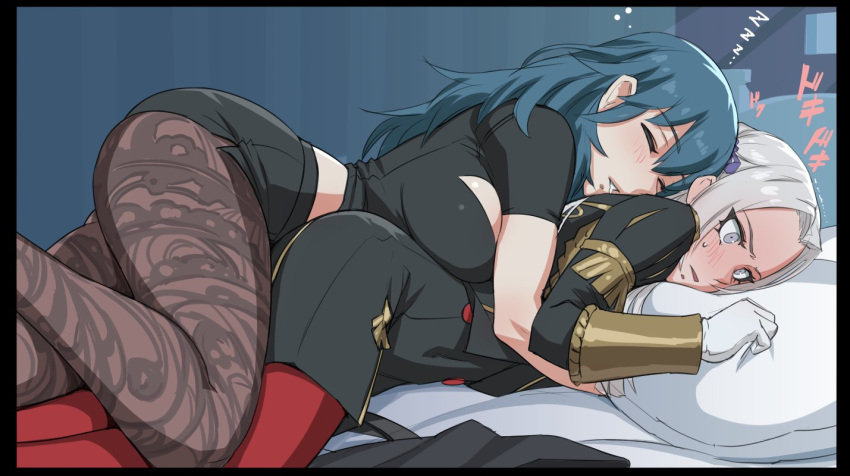 2girls bangs bed bed_sheet black_shorts blue_hair blush breasts byleth_(fire_emblem) byleth_eisner_(female) cleavage_cutout closed_eyes commentary_request drooling edelgard_von_hresvelg fire_emblem fire_emblem:_three_houses garreg_mach_monastery_uniform girl_on_top gloves grey_eyes hair_between_eyes holding_another hug hug_from_behind indoors large_breasts long_hair lying_on_person midriff mikoyan military military_uniform multiple_girls pantyhose parted_bangs pillow red_legwear short_shorts shorts silver_hair sleeping sleeping_on_person sweatdrop uniform white_gloves yuri