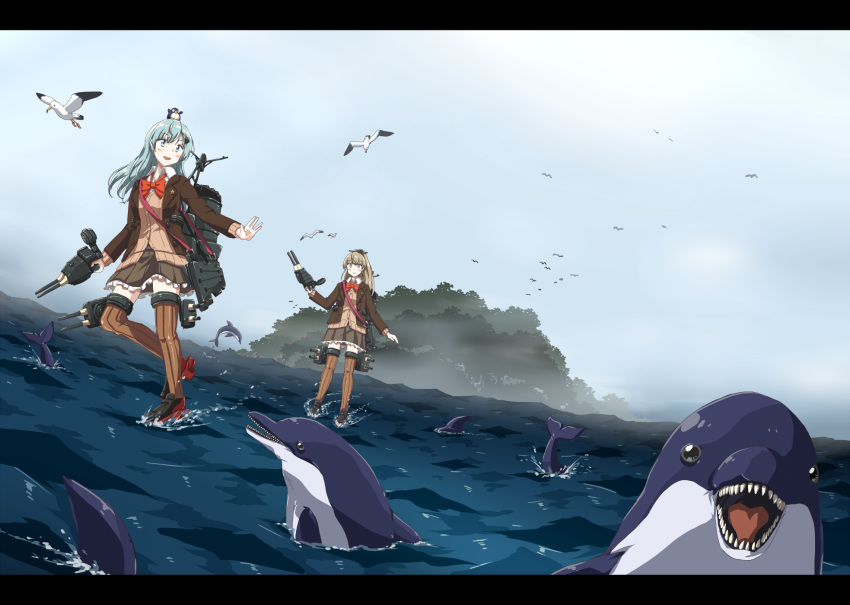 2girls 6+others any_(lucky_denver_mint) aqua_eyes aqua_hair ascot bird blazer blue_eyes blue_sky brown_hair brown_jacket brown_legwear brown_skirt clouds commentary_request day dolphin dutch_angle frilled_skirt frills full_body hair_ornament hairclip highres jacket kantai_collection kumano_(kantai_collection) long_hair looking_at_viewer machinery multiple_girls multiple_others orange_cardigan outdoors pleated_skirt ponytail remodel_(kantai_collection) school_uniform seagull skirt sky standing standing_on_liquid suzuya_(kantai_collection) thigh-highs vest water