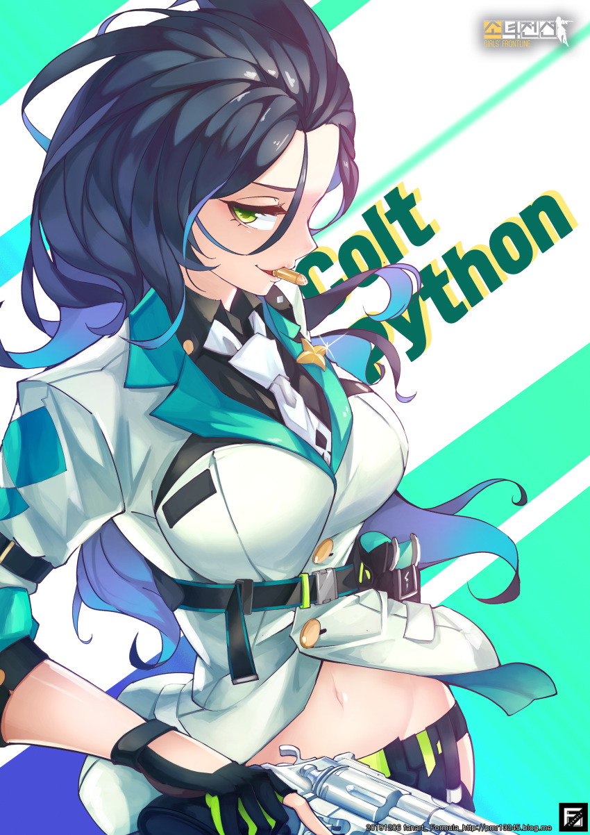 1girl absurdres belt black_gloves black_hair blue_hair bullet bullet_in_mouth character_name colt_python copyright_name double-breasted eyelashes girls_frontline gloves gradient gradient_background gradient_hair green_eyes gun handgun highres hip_vent holding holding_gun holding_weapon jacket lapel_pin long_hair looking_at_viewer messy_hair multicolored_hair navel necktie open_clothes open_jacket partly_fingerless_gloves pomu_(formula) python_(girls_frontline) revolver shooting_gloves solo trigger_discipline upper_body very_long_hair watermark weapon web_address white_jacket white_neckwear