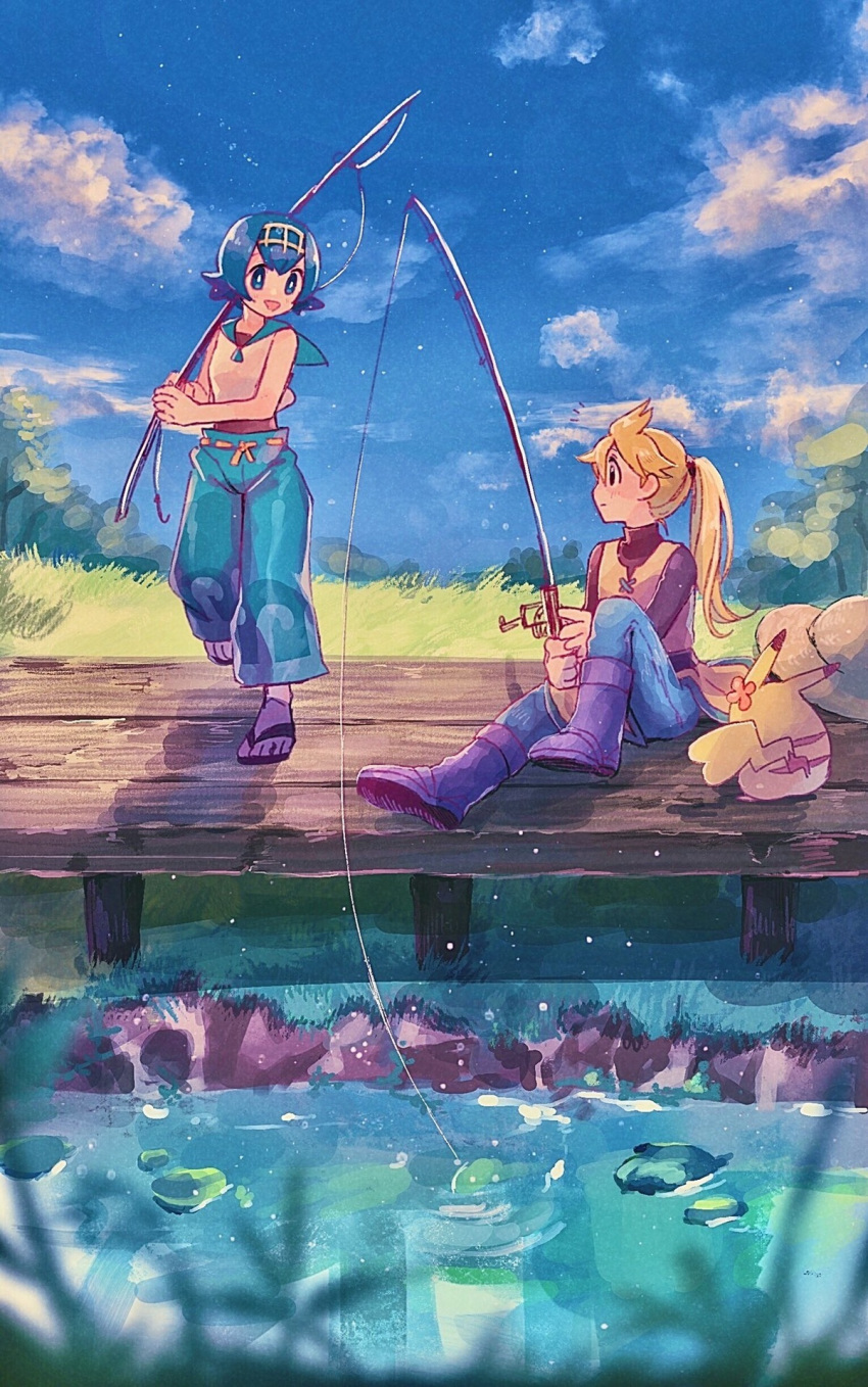 2girls :d bangs black_eyes blonde_hair blue_eyes blue_hair blue_pants blue_sky boots breasts chuchu_(pokemon) closed_mouth clouds cloudy_sky creature eye_contact fishing fishing_rod flat_chest gen_1_pokemon grass highres holding holding_fishing_rod long_hair long_sleeves looking_at_another mu_acrt multiple_girls open_mouth outdoors pants pikachu pokemon pokemon_(creature) pokemon_(game) pokemon_sm pokemon_special ponytail purple_footwear sandals sitting sky small_breasts smile suiren_(pokemon) trial_captain walking water wind yellow_(pokemon)