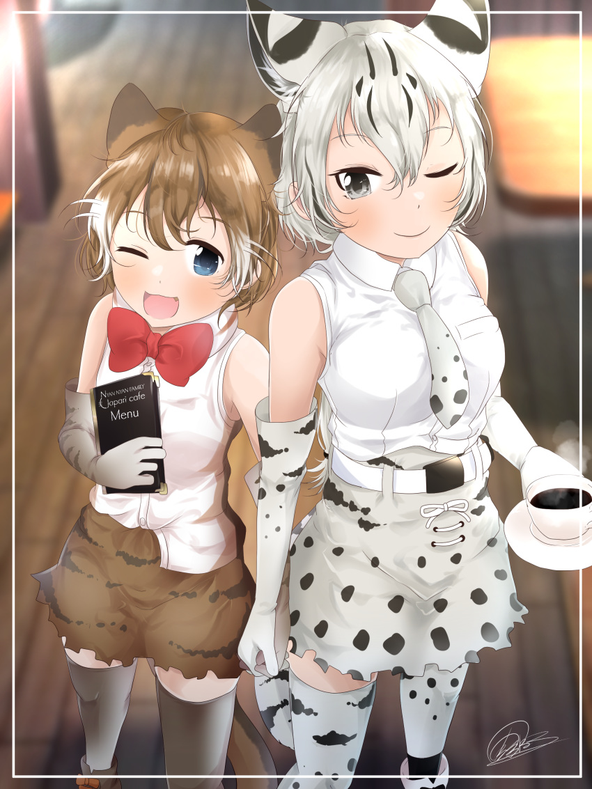 2girls ;) ;d absurdres amemiya_neru animal_ear_fluff animal_ears animal_print bangs bare_shoulders belt blue_eyes blurry blurry_background bobcat_(kemono_friends) bow bowtie brown_hair cat_ears cat_print cat_tail cup depth_of_field elbow_gloves extra_ears flat-headed_cat_(kemono_friends) gloves green_eyes hair_between_eyes highres holding holding_cup holding_menu holding_weapon indoors interlocked_fingers kemono_friends menu multicolored_hair multiple_girls necktie one_eye_closed open_mouth print_gloves print_legwear print_neckwear print_skirt red_neckwear shirt short_hair silver_hair skirt sleeveless sleeveless_shirt smile steam tail teacup thigh-highs two-tone_hair weapon white_belt white_hair white_shirt wooden_floor