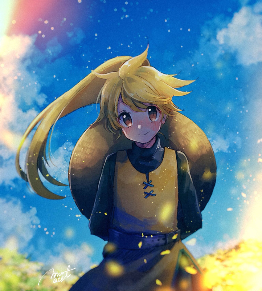 belt blonde_hair blue_sky blush brown_eyes closed_mouth clouds cloudy_sky day flat_chest highres long_hair long_sleeves looking_at_viewer mu_acrt outdoors pokemon pokemon_special ponytail signature sky smile standing yellow_(pokemon)