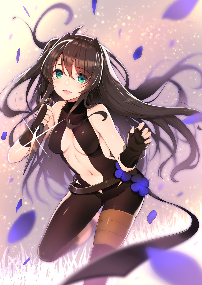 1girl :d absurdres ahoge akahito bandaged_leg bandages bangs bare_shoulders black_hairband black_leotard blush breasts breasts_apart brown_hair center_opening collarbone cosplay eyebrows_visible_through_hair fanbox_reward fate/grand_order fate/prototype fate/prototype:_fragments_of_blue_and_silver fate_(series) feet fingerless_gloves fingernails glint gloves green_eyes hair_between_eyes hairband hassan_of_serenity_(fate) hassan_of_serenity_(fate)_(cosplay) highres holding holding_knife knife kunai leg_up leotard long_hair looking_at_viewer medium_breasts navel open_mouth paid_reward petals sidelocks smile solo standing standing_on_one_leg tamasaka_makoto tokyo_7th_sisters very_long_hair weapon