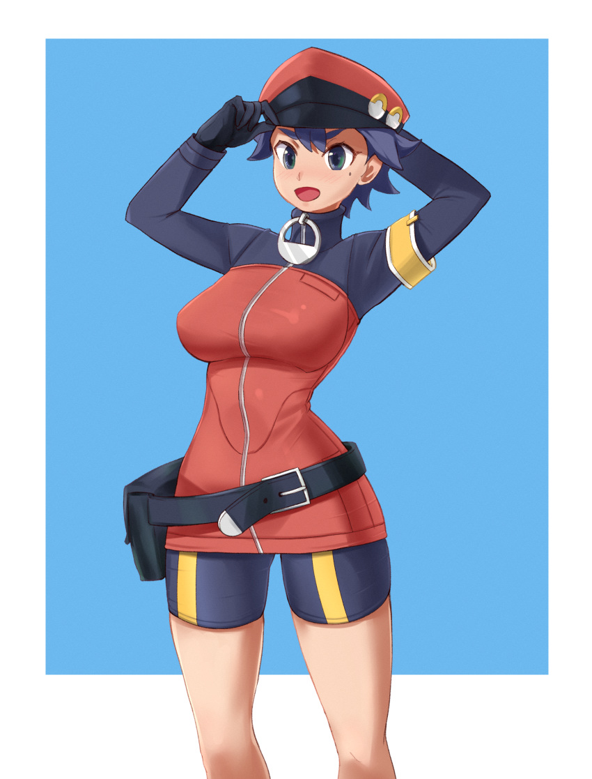 1girl absurdres adjusting_clothes adjusting_hat armband belt belt_pouch bike_shorts black_gloves blue_eyes blue_hair blue_sleeves blush breasts gloves hat highres jacket large_breasts loose_belt melonyogurt mole mole_under_eye nose_blush open_mouth peaked_cap pokemon pokemon_(game) pokemon_masters pokemon_ranger_(pokemon) pokemon_ranger_uniform pouch red_jacket short_hair smile solo tomboy turtleneck two-tone_jacket zipper zipper_pull_tab