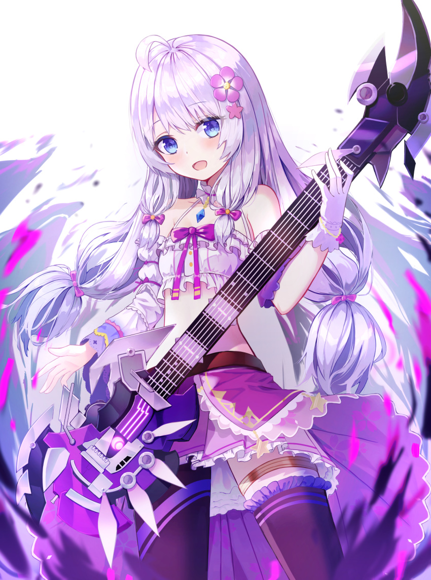 1girl :d ahoge asymmetrical_wings bare_shoulders black_legwear blue_eyes blurry blurry_foreground blush bow collarbone commentary_request crop_top depth_of_field detached_sleeves electric_guitar flower frilled_skirt frills glowing guitar hair_bow hair_flower hair_ornament halter_top halterneck highres holding holding_instrument instrument korean_commentary long_hair long_sleeves looking_at_viewer open_mouth pink_flower pink_skirt purple_bow seero silver_hair single_thighhigh skirt smile solo soul_worker star star_hair_ornament stella_unibell thigh-highs very_long_hair white_background white_sleeves wide_sleeves wings