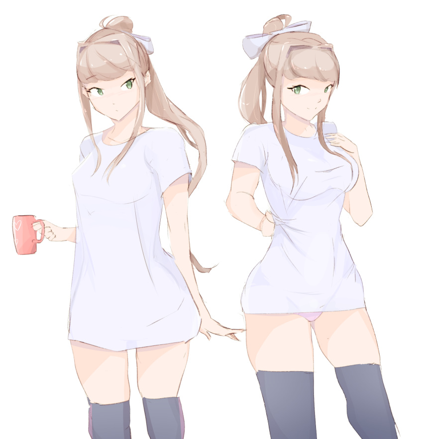 1girl black_legwear breasts brown_hair commentary cowboy_shot cup doki_doki_literature_club green_eyes hair_ribbon highres holding holding_cup kkyz13 long_hair medium_breasts monika_(doki_doki_literature_club) multiple_views no_pants pajamas_challenge panties panty_peek pink_panties ponytail ribbon shirt sidelocks simple_background sketch smile t-shirt taut_clothes taut_shirt thigh-highs underwear very_long_hair white_background white_ribbon white_shirt