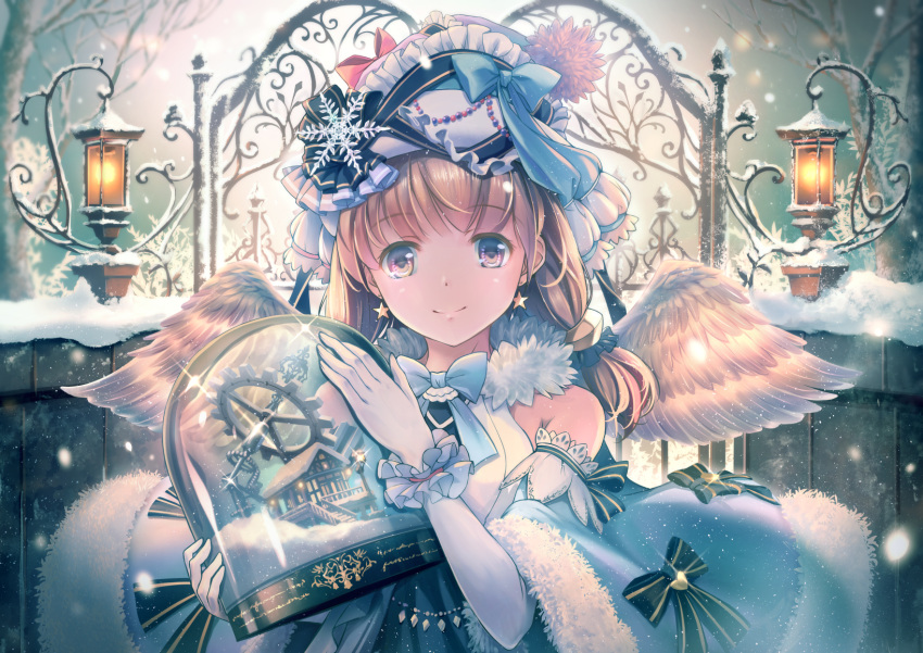 1girl angel angel_wings bangs bare_shoulders bare_tree blonde_hair bow detached_sleeves earrings elbow_gloves feathered_wings frilled_hairband frills fur_trim gears glint gloves hair_ornament hairband hat hat_bow hat_ribbon highres holding jewelry lamp lamppost lantern lavender_eyes long_hair looking_at_viewer low_twintails original ribbon smile snow snow_globe snowflake_hair_ornament solo soraizumi star star_earrings tree twintails upper_body violet_eyes white_gloves wings winter
