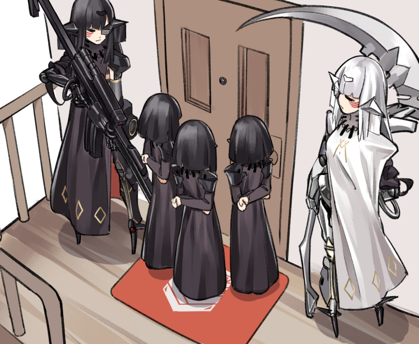 5girls arms_behind_back bangs black_hair closed_mouth door dress facial_mark girls_frontline gun headgear holding holding_gun holding_weapon long_hair multiple_girls nyto_obelisk_(girls_frontline) nyto_polarday_(girls_frontline) paradeus scythe standing tianliang_duohe_fangdongye weapon white_hair