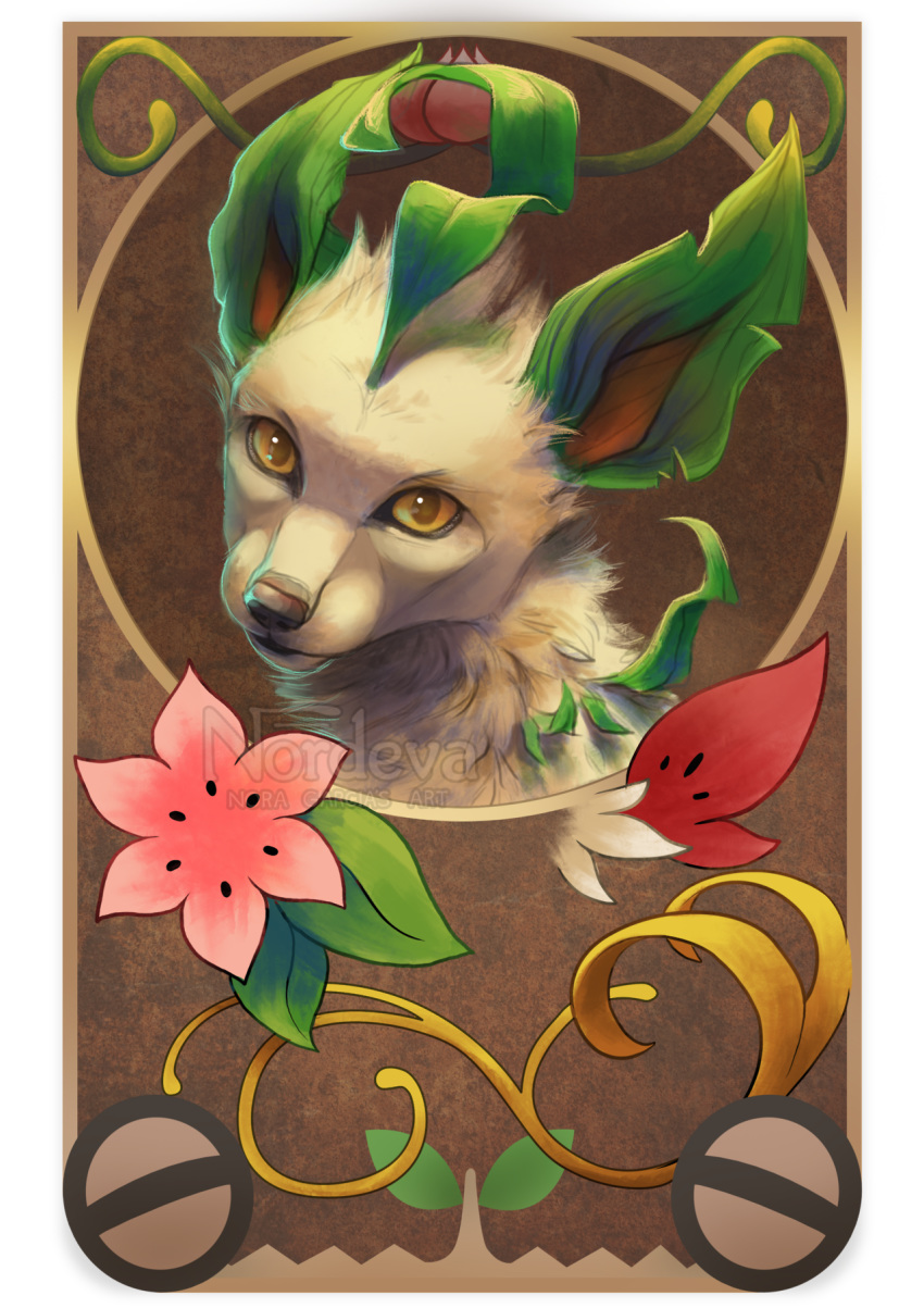 brown_background commentary creature english_commentary face flower gen_4_pokemon gracidea highres leafeon looking_at_viewer no_humans nordeva pokemon pokemon_(creature) realistic solo yellow_eyes